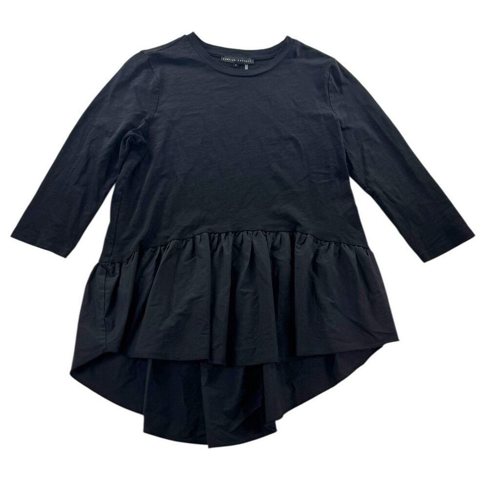English Factory Mixed Media High Low Peplum Top S Black Cotton Knit Blouse Shirt